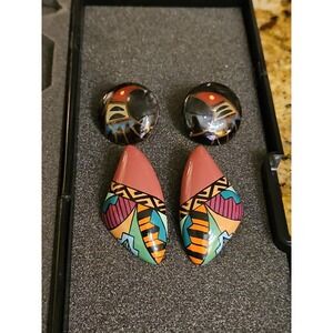 2 Vintage 80s Geometric Earrings Bold Colorful Funky Designs Signed ATC‎